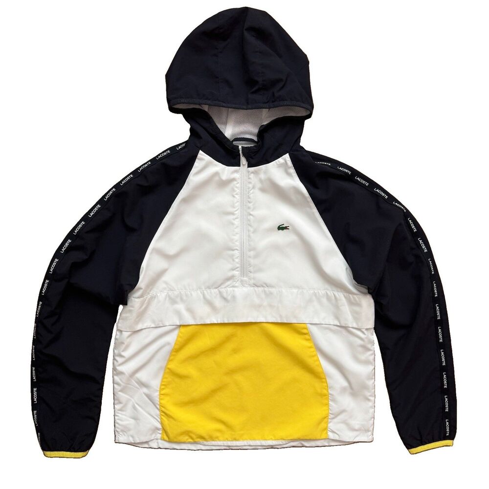Lacoste Sport Kids 1/2 Zip Windbreaker Jacket Youth Sz L Age 14 Navy Yellow Hood